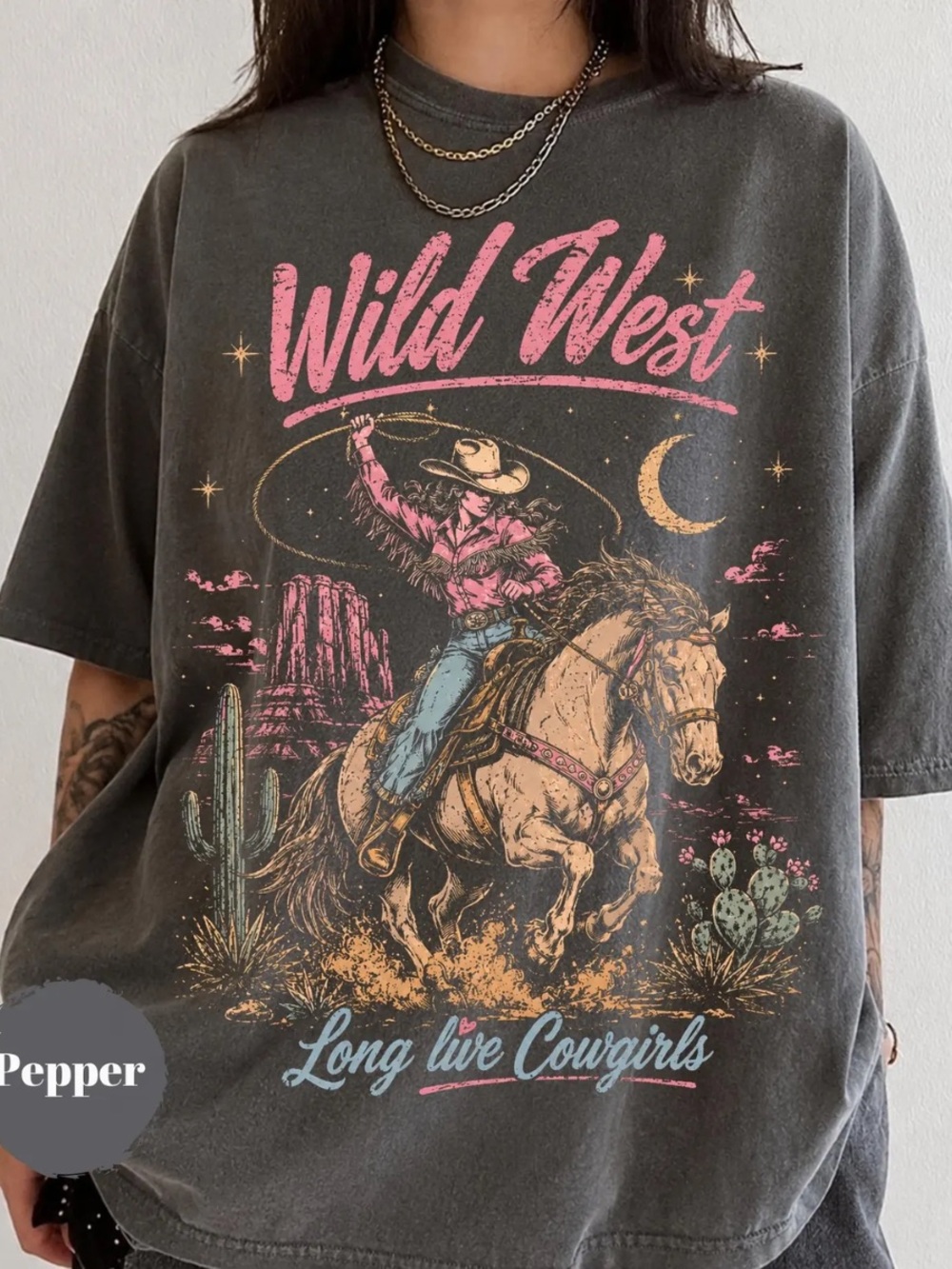 Pepper Wild West Graphic Tee in Black with Pink Accents